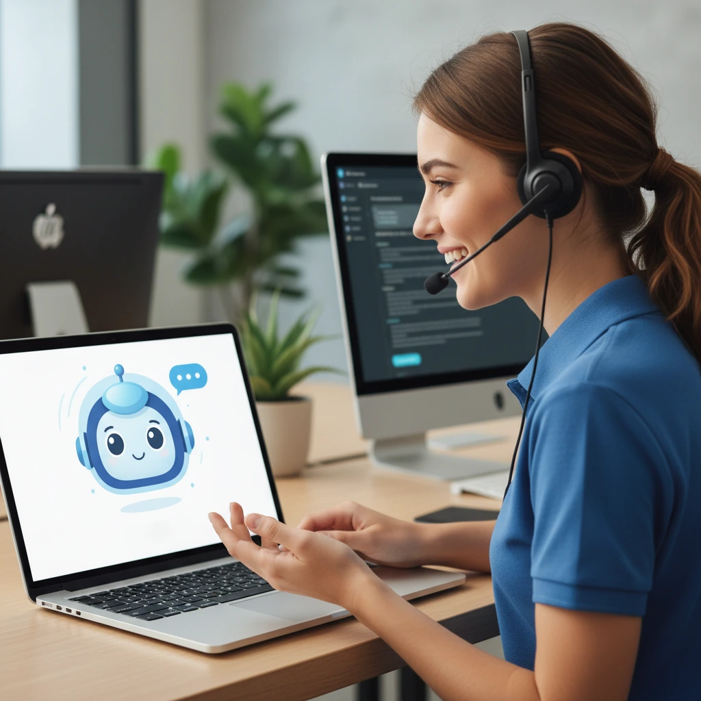 A friendly AI chatbot avatar having a natural conversation with a smiling customer service representative on a laptop