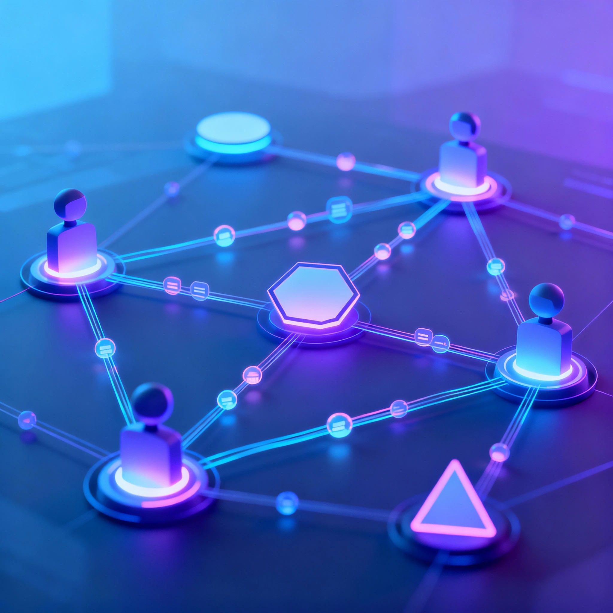 Illustration of multiple AI agents collaborating and exchanging data in a connected network.