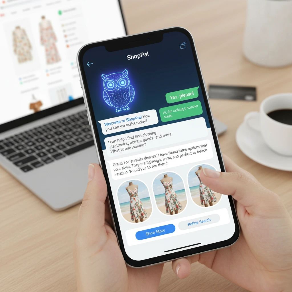 Conversational commerce AI chatbot helping with online shopping..